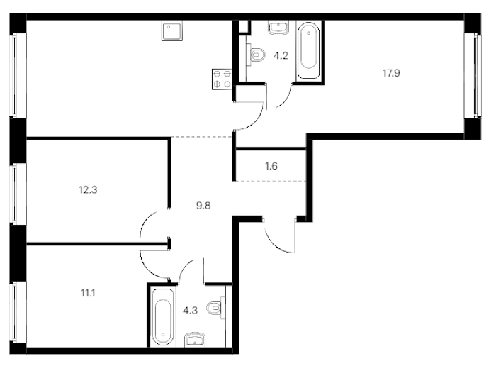 3-комнатная квартира 81.7 м², 1/9 эт., ЖК «Лермонтовский 54»